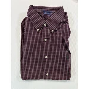NWT Ralph Lauren Golf Tilden L Burgundy Windowpane Button Down Shirt 100% Cotton